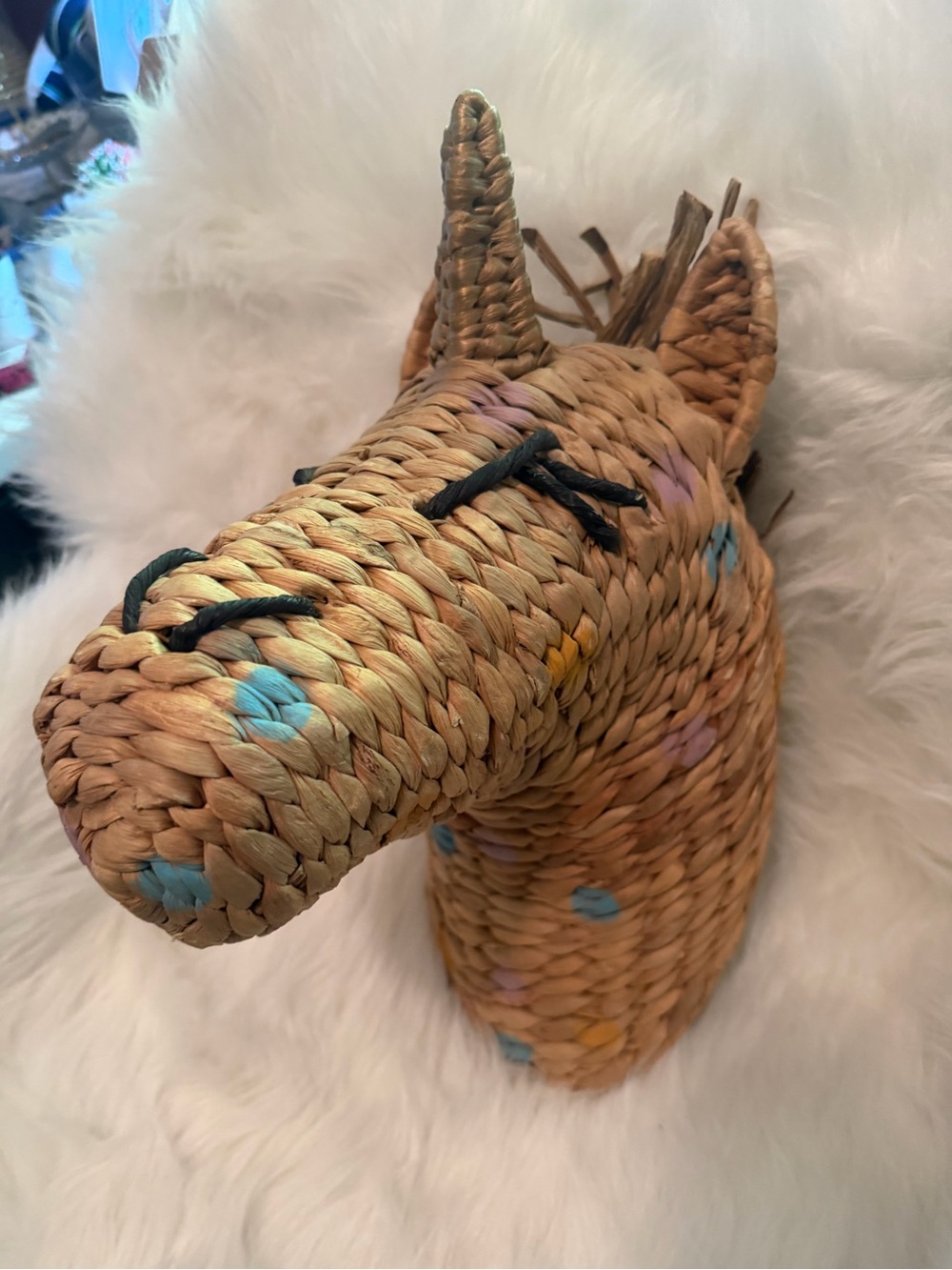 Handwoven Natural Straw Unicorn Head Wall Accent with Pastel Dots